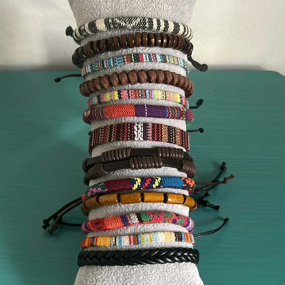 Vibrant Multicolor Wood Bead Woven Vegan Leather Bohemian Bracelets 13 Piece Set